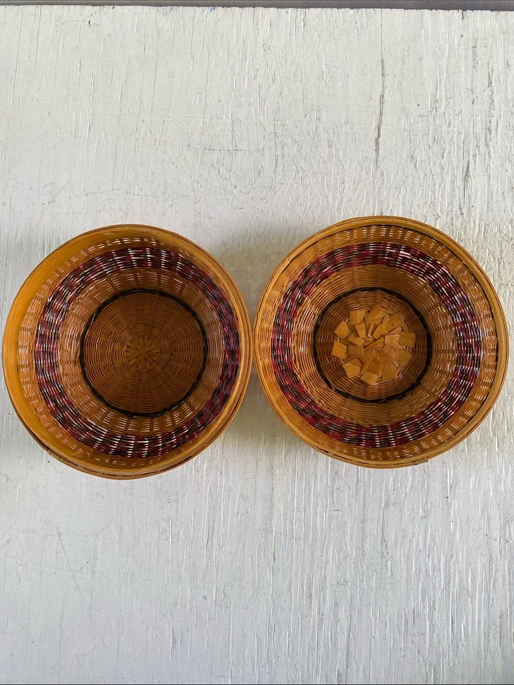 Handwoven Round Wicker/Bamboo Decorative Box - Brown with Red and Black Accents